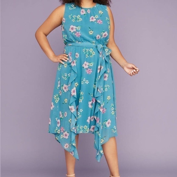 NWT Lane Bryant Blue Floral Chiffon Midi Dress Sz 22 - Picture 1 of 11